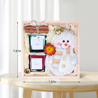 Perfect Christmas Gift Basket with Jar Candle, Snowman Plush &amp; Decorative Dried Flowers