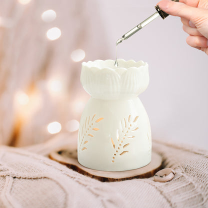 Elegant Ceramic Aromatherapy Oil Burner/ Essential Oil Burner with Decorative Star, Floral, and Leaf Cut-Out Designs