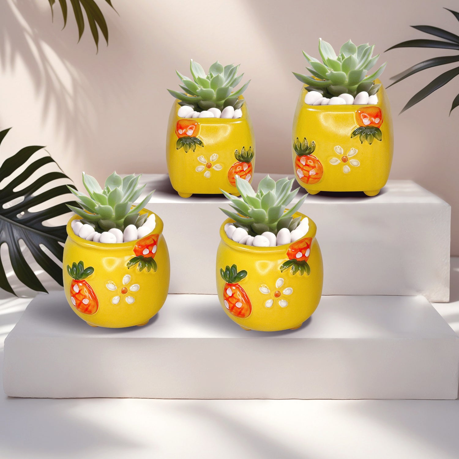 Yellow Plant Pot, Floral Garden Clay Planter Pot, Home Office Decor