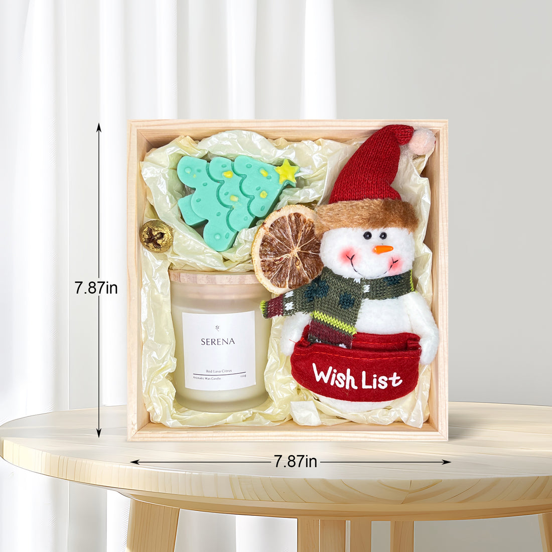 Festive Christmas Gift Basket with Jar Candle, Tree Candle &amp; Snowman Stuffed Toy