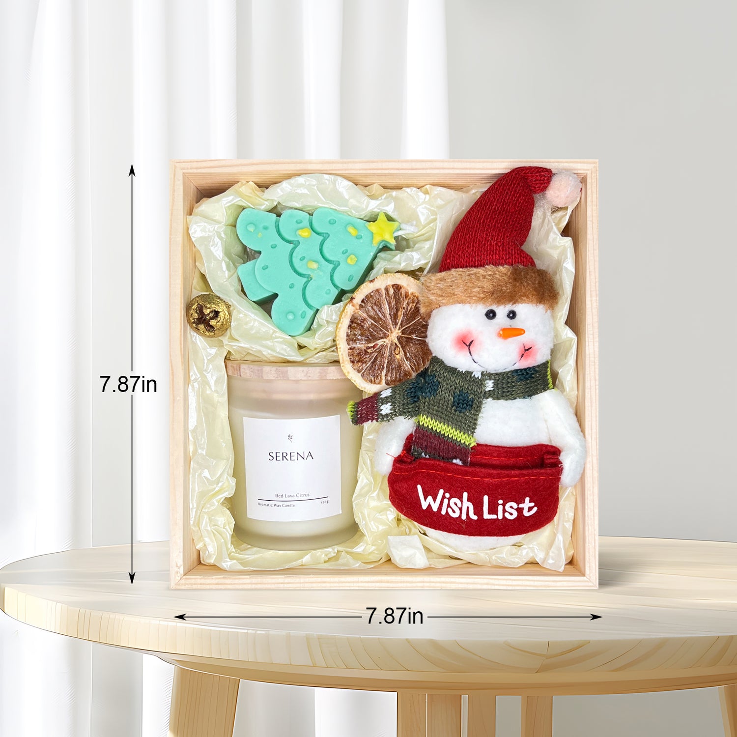 Festive Christmas Gift Basket with Jar Candle, Tree Candle &amp; Snowman Stuffed Toy