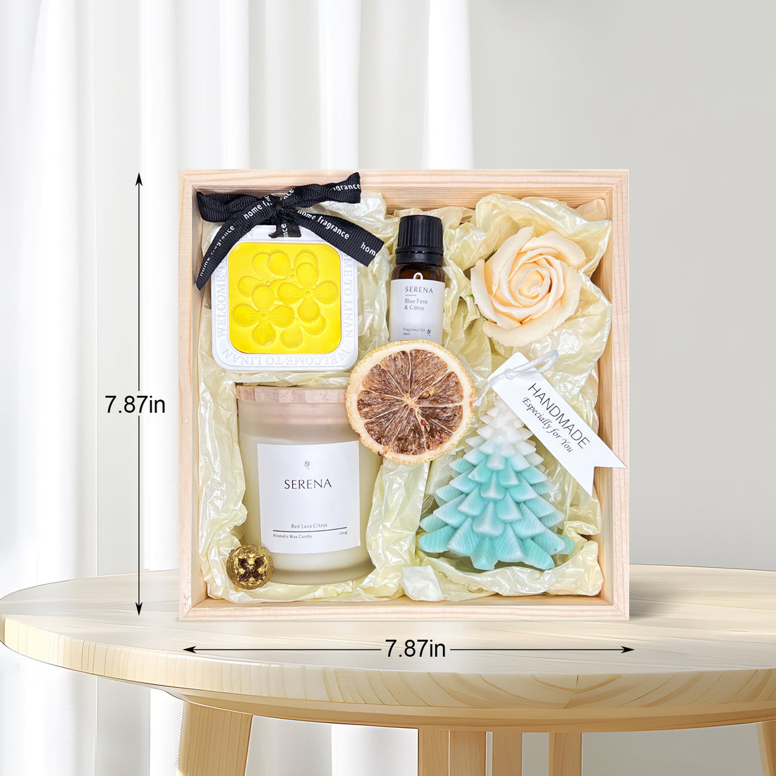 Holiday Gift Basket with Handmade Tree Candle, Jar Candle, Scented Ornament &amp; Floral Decor