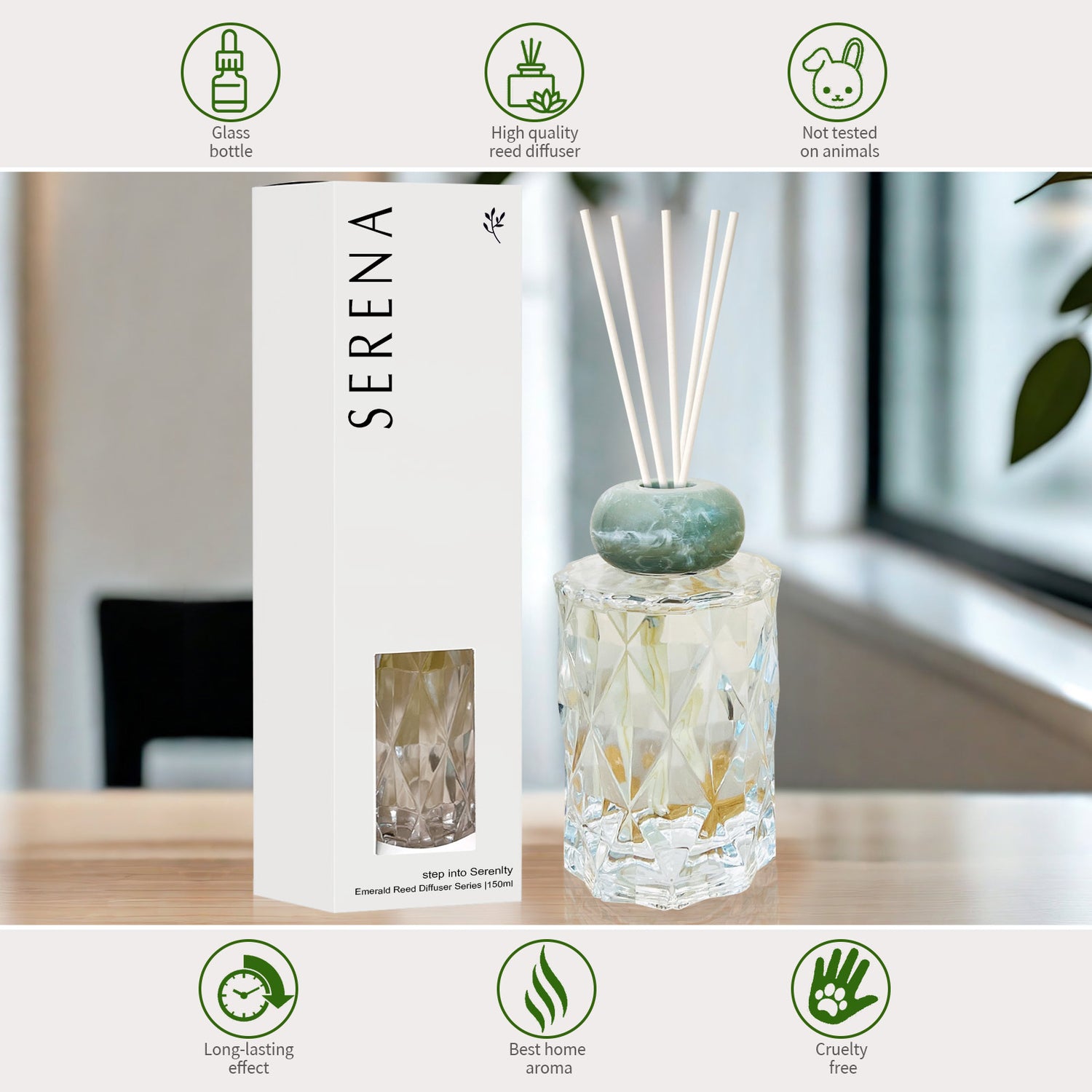 Crystal Glass Diffuser for Home Fragrance, Serena Air Freshener (150ml)
