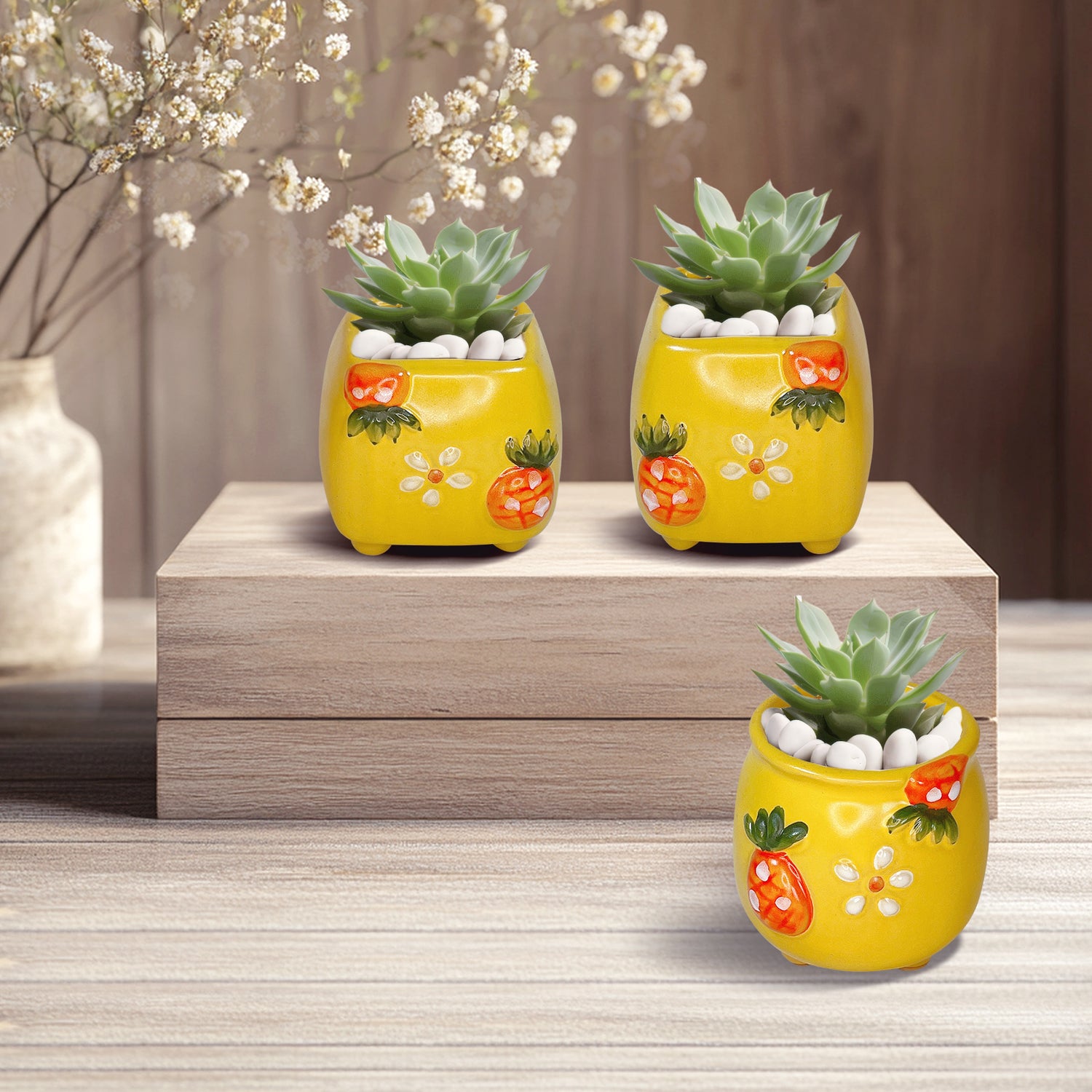 Yellow Plant Pot, Floral Garden Clay Planter Pot, Home Office Decor