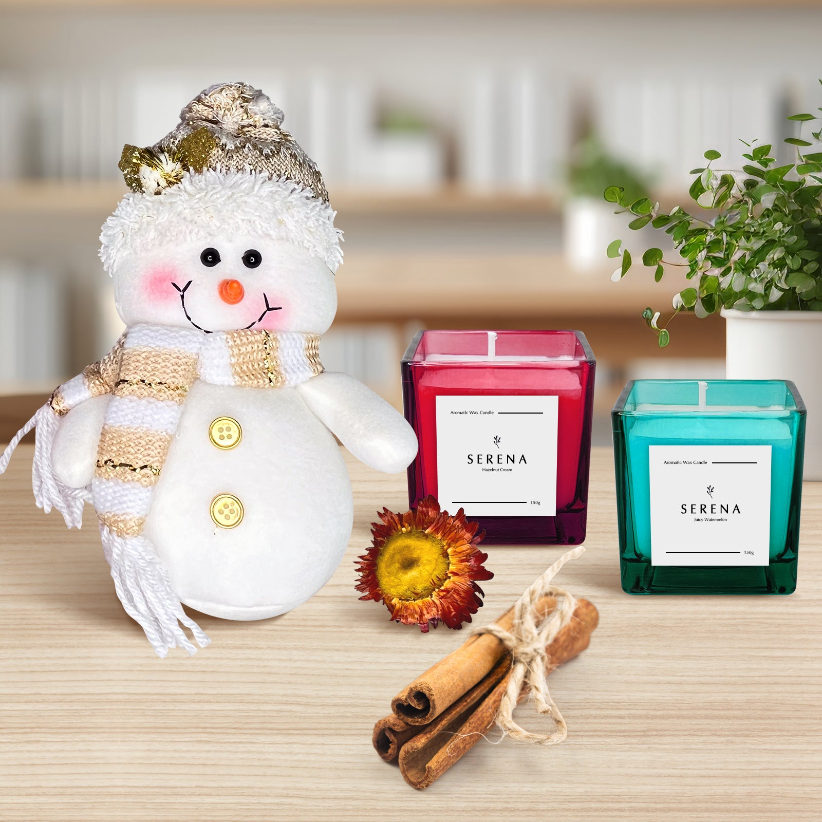 Perfect Christmas Gift Basket with Jar Candle, Snowman Plush &amp; Decorative Dried Flowers