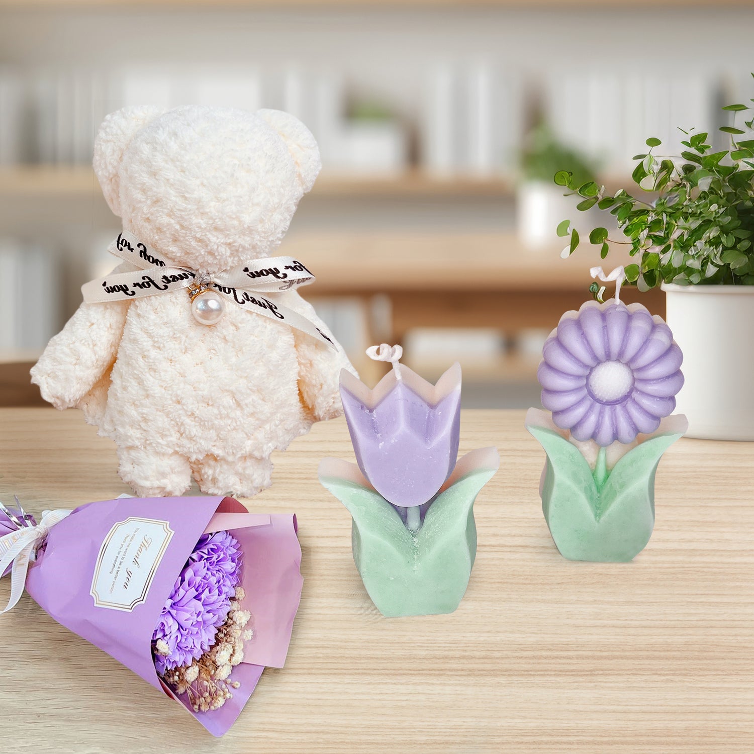 Adorable Gift Basket with Teddy Bear Towel, Handmade Scented Candle &amp; Soap Flower