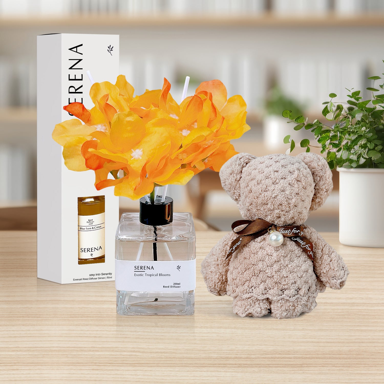 Elegant Gift Basket with Teddy Bear Towel and Serena Flower &amp; Reed Diffusers