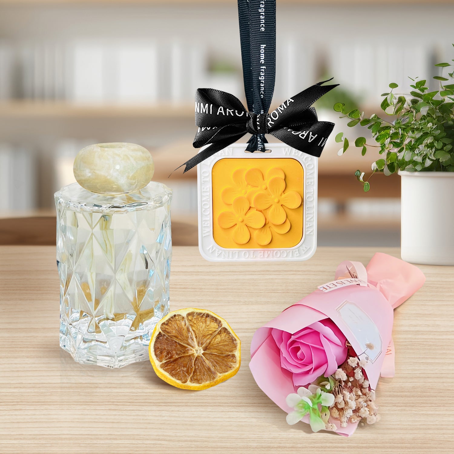 Stylish Suitcase Gift Set with Flower Petal Ornament, Reed Diffuser &amp; Soap Flower Keepsakes