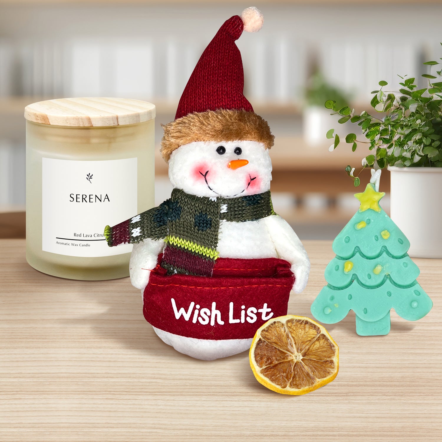 Festive Christmas Gift Basket with Jar Candle, Tree Candle &amp; Snowman Stuffed Toy