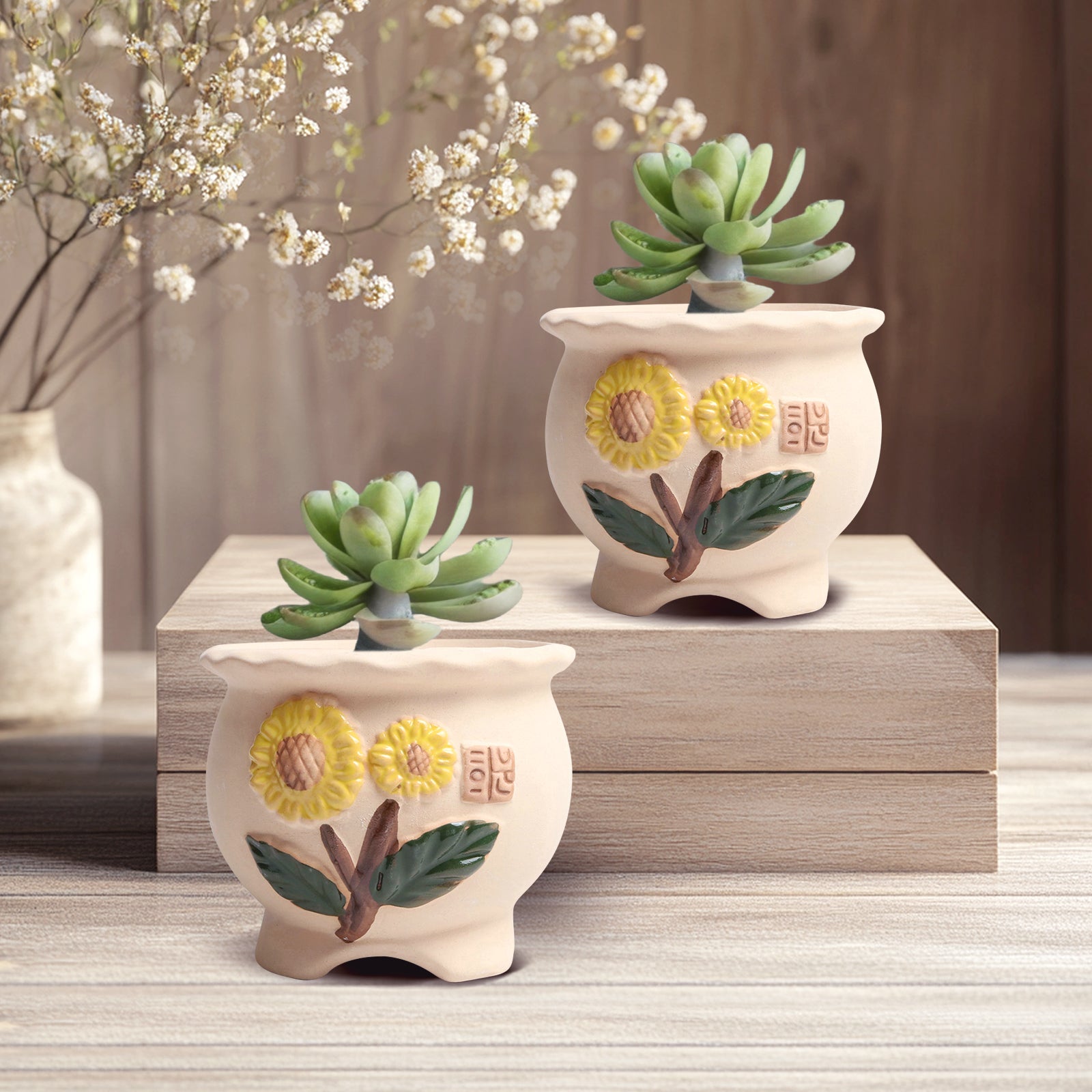 Sunflower Pot Plant, Korean Style Clay Planter Pot, Home Decor