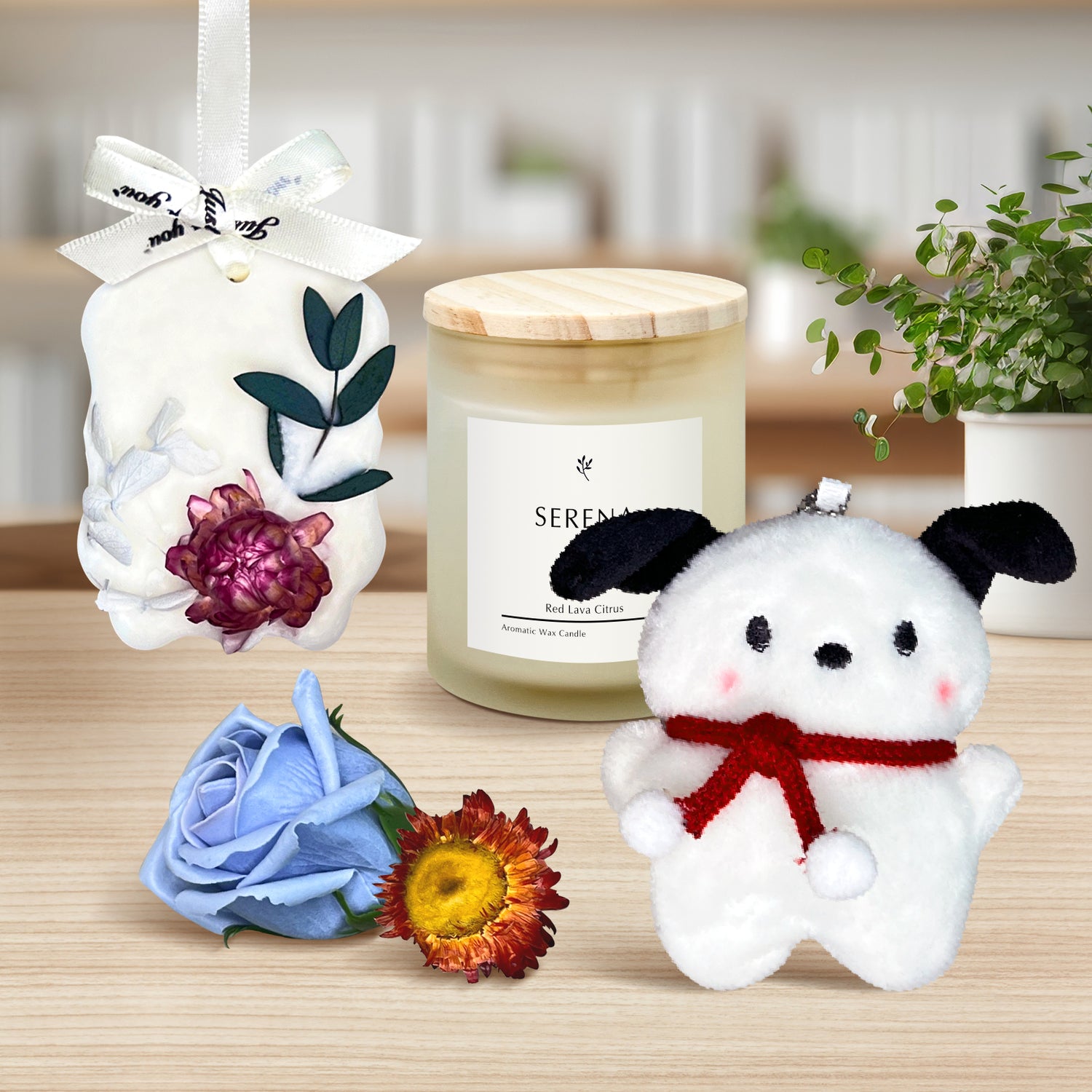 Cozy Gift Basket with Jar Candle, Scented Wax Pendant, Stuffed Animal &amp; Soap Flower Decor