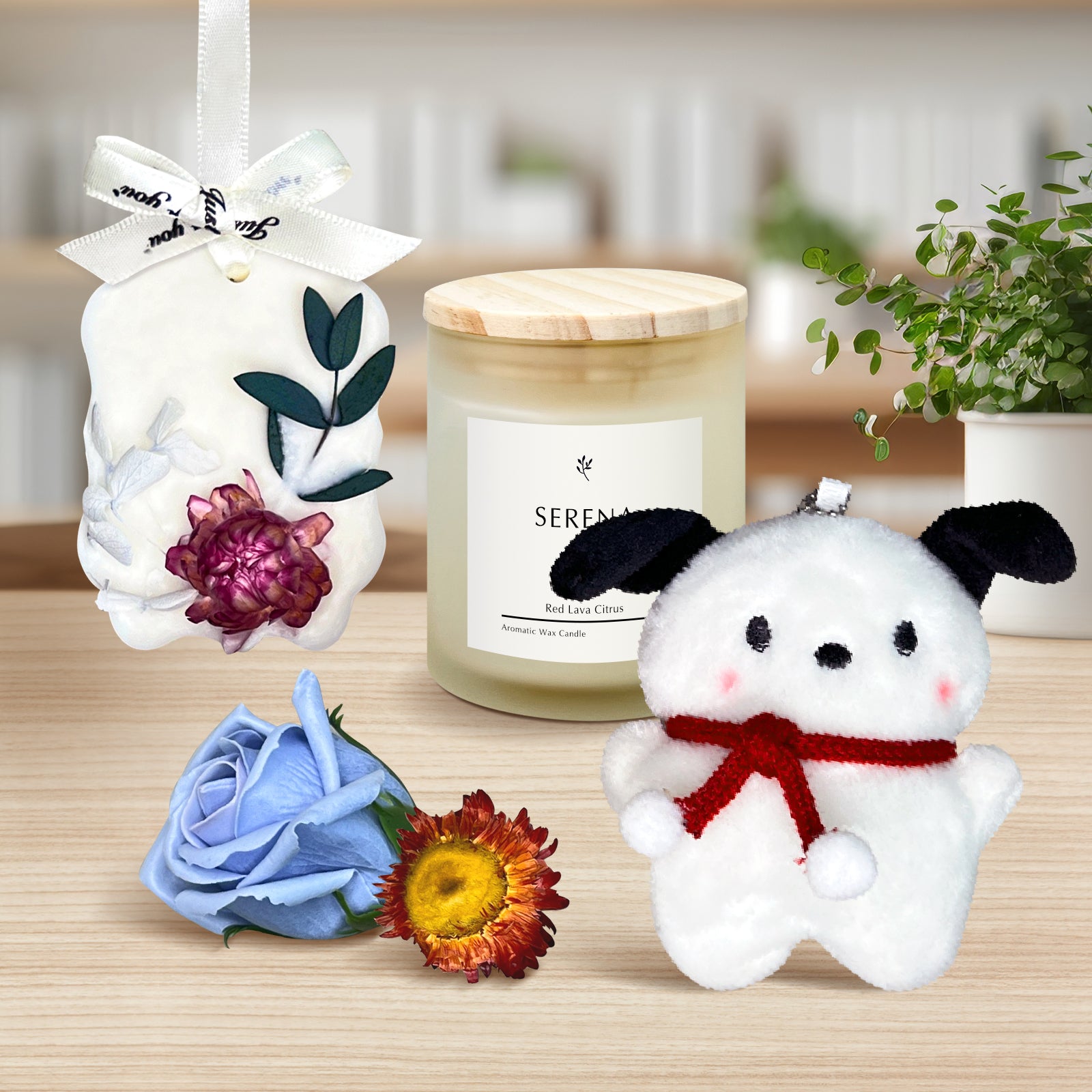 Cozy Gift Basket with Jar Candle, Scented Wax Pendant, Stuffed Animal &amp; Soap Flower Decor