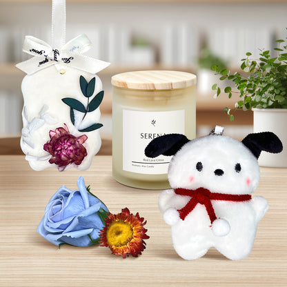 Cozy Gift Basket with Jar Candle, Scented Wax Pendant, Stuffed Animal &amp; Soap Flower Decor