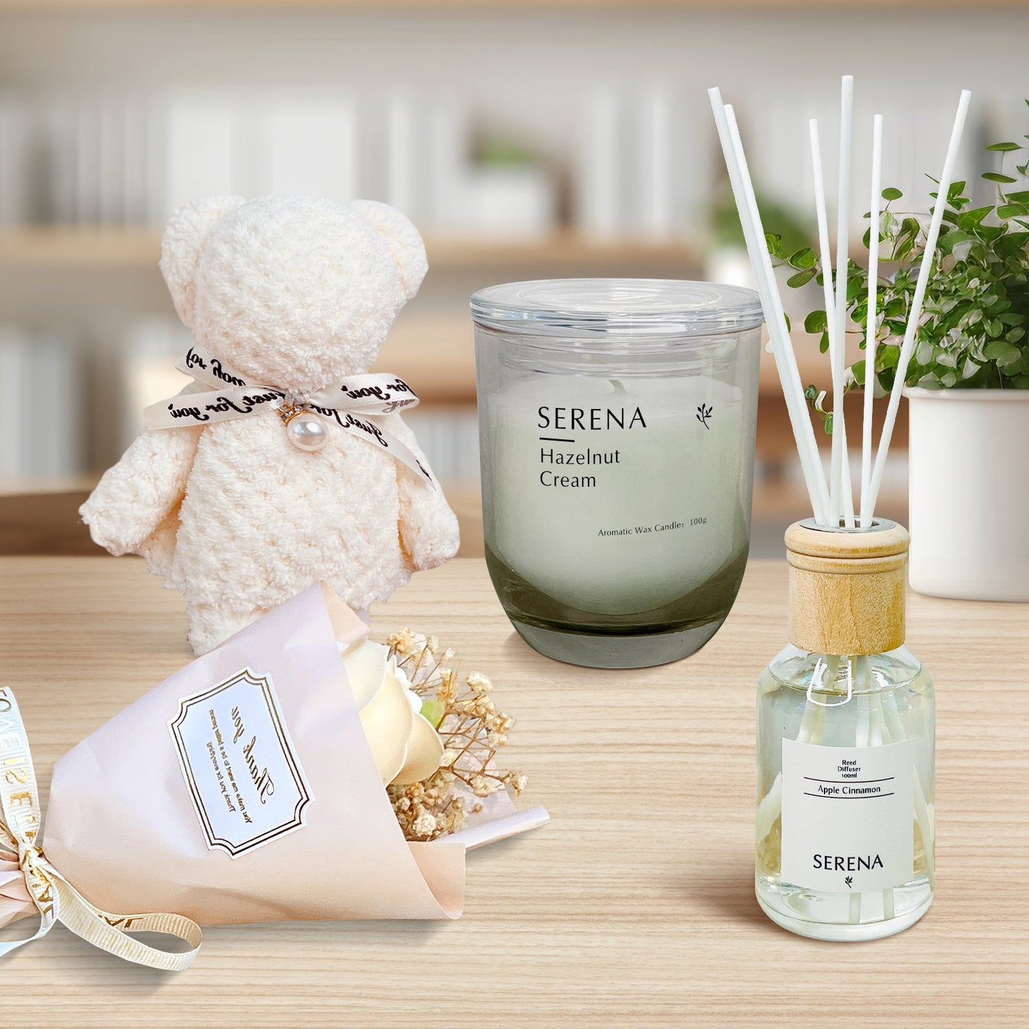 All-in-One Suitcase Gift Basket with Jar Candle, Teddy Bear Towel &amp; Floral Soap Keepsakes