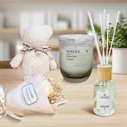 All-in-One Suitcase Gift Basket with Jar Candle, Teddy Bear Towel &amp; Floral Soap Keepsakes