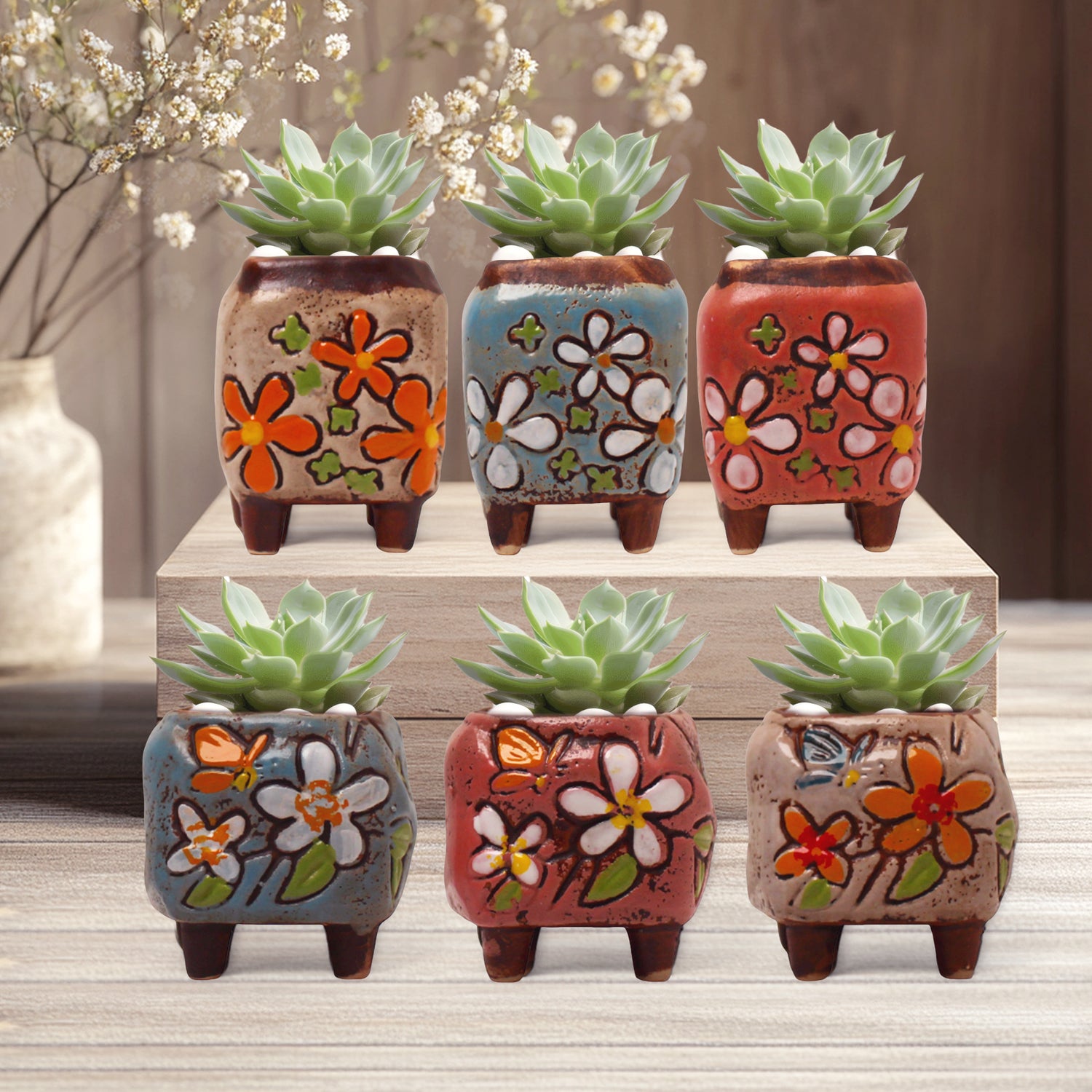 Floral Plant Pot, Hand Painted Planter Pots, Square Clay Plant Pots