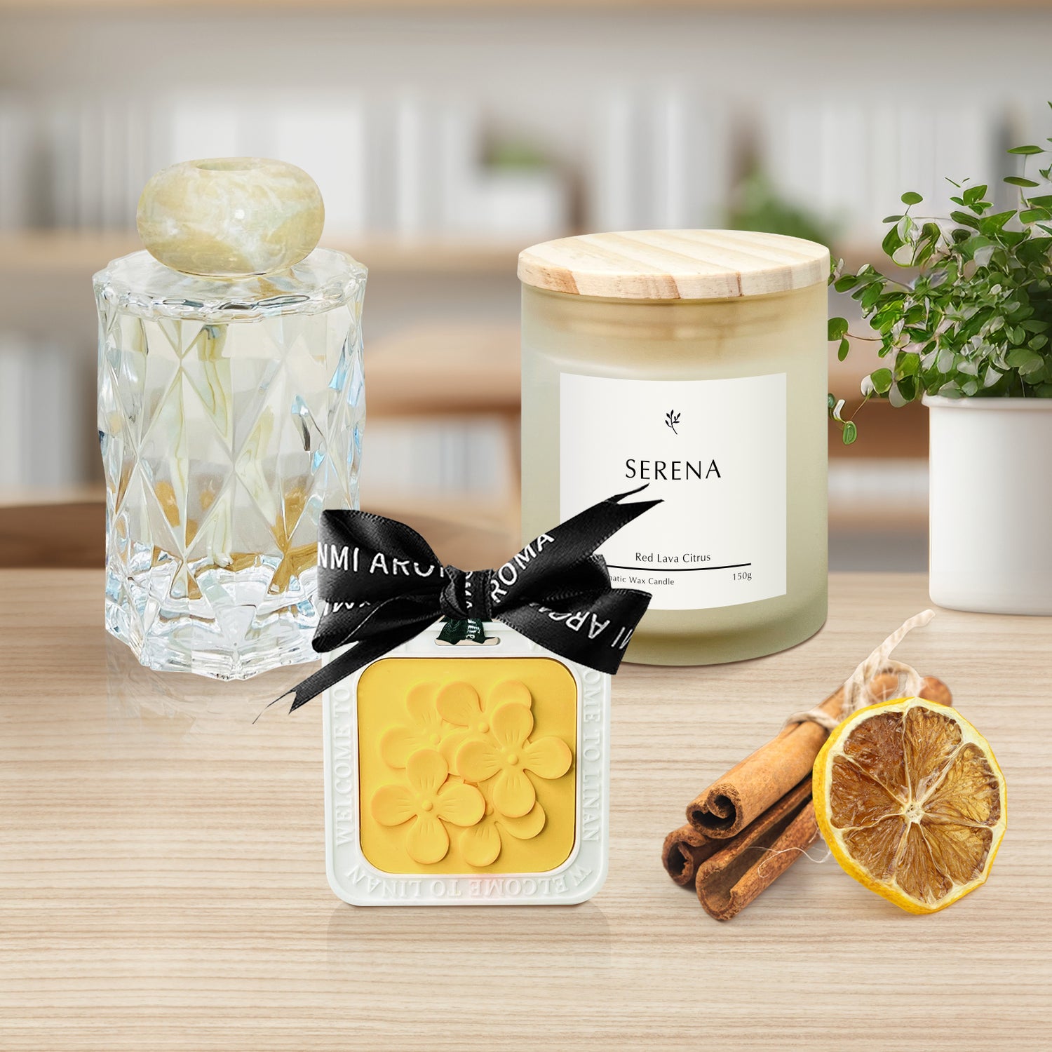 Luxury Wooden Gift Basket with Serena Scented Candle, Reed Diffuser &amp; Hanging Ornament
