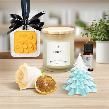 Holiday Gift Basket with Handmade Tree Candle, Jar Candle, Scented Ornament &amp; Floral Decor