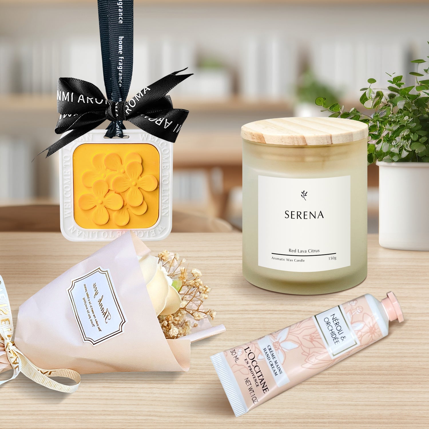 Chic Suitcase Gift Basket with Jar Candle, Flower Petal Ornament &amp; Luxurious Hand Cream