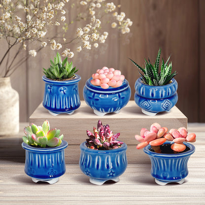 Blue Ceramic Plant Pot, Ice Blue Stamped Indoor Planter Pot