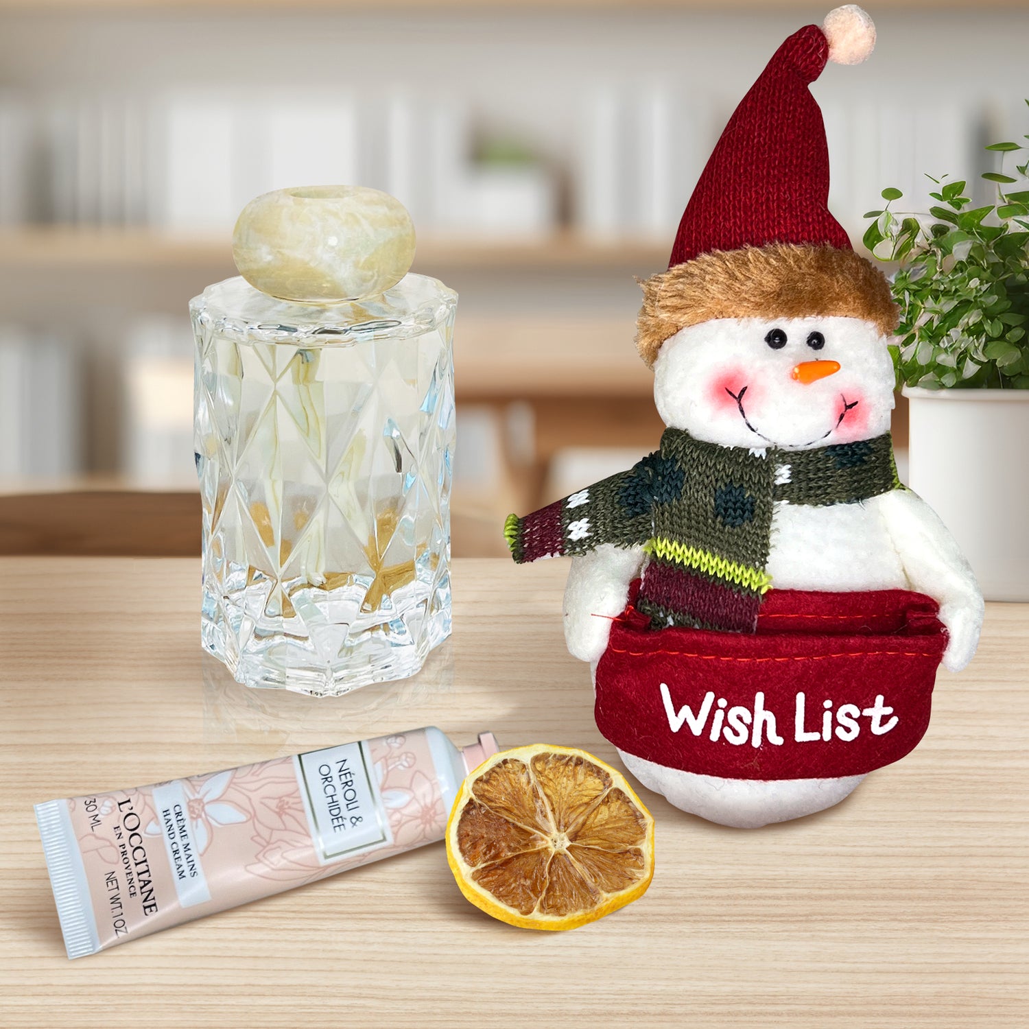 Charming Winter Gift Basket with Crystal Diffuser, Hand Cream &amp; Snowman Plush Toy