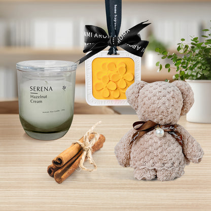 Thoughtful Gift Basket with Jar Candle, Cute Teddy Towel, Ornament &amp; Floral Decorations