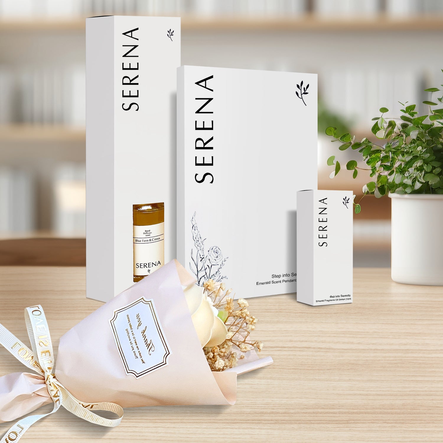 Serena Aromatherapy Gift Basket: Reed Diffuser, Soap Flower &amp; Scented Hanging Ornament