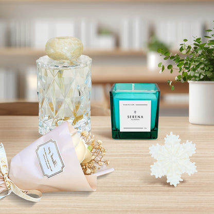 Luxury Suitcase Gift Basket with Jar Candle, Crystal Reed Diffuser, Soap Flowers &amp; Snowflake Candle