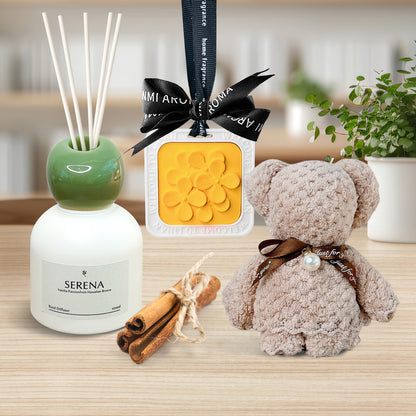 Unique Gift Set: Reed Diffuser, Flower Petal Ornament, Teddy Bear Towel &amp; Dried Flowers