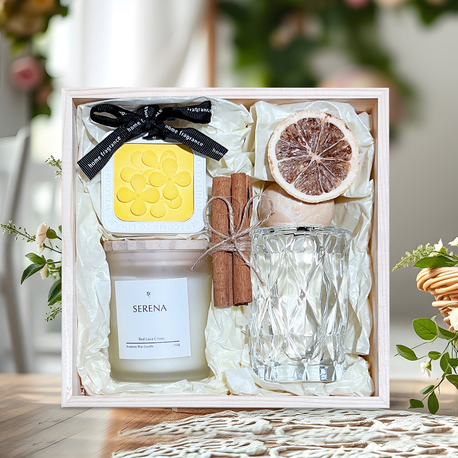 Luxury Wooden Gift Basket with Serena Scented Candle, Reed Diffuser &amp; Hanging Ornament