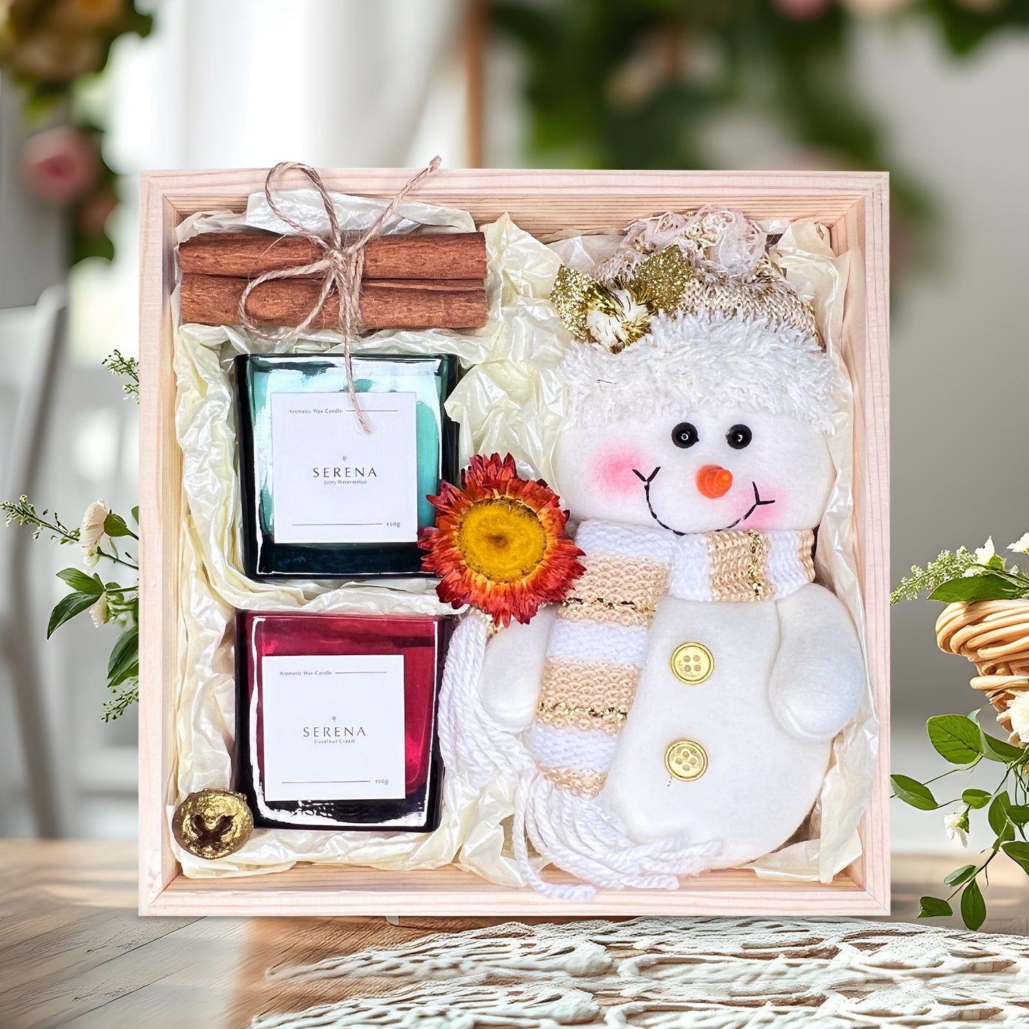 Perfect Christmas Gift Basket with Jar Candle, Snowman Plush &amp; Decorative Dried Flowers