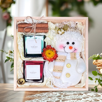 Perfect Christmas Gift Basket with Jar Candle, Snowman Plush &amp; Decorative Dried Flowers
