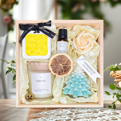 Holiday Gift Basket with Handmade Tree Candle, Jar Candle, Scented Ornament &amp; Floral Decor