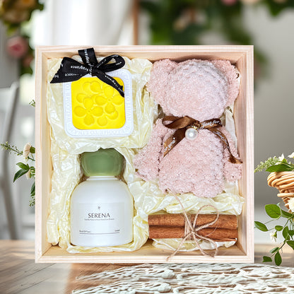 Unique Gift Set: Reed Diffuser, Flower Petal Ornament, Teddy Bear Towel &amp; Dried Flowers
