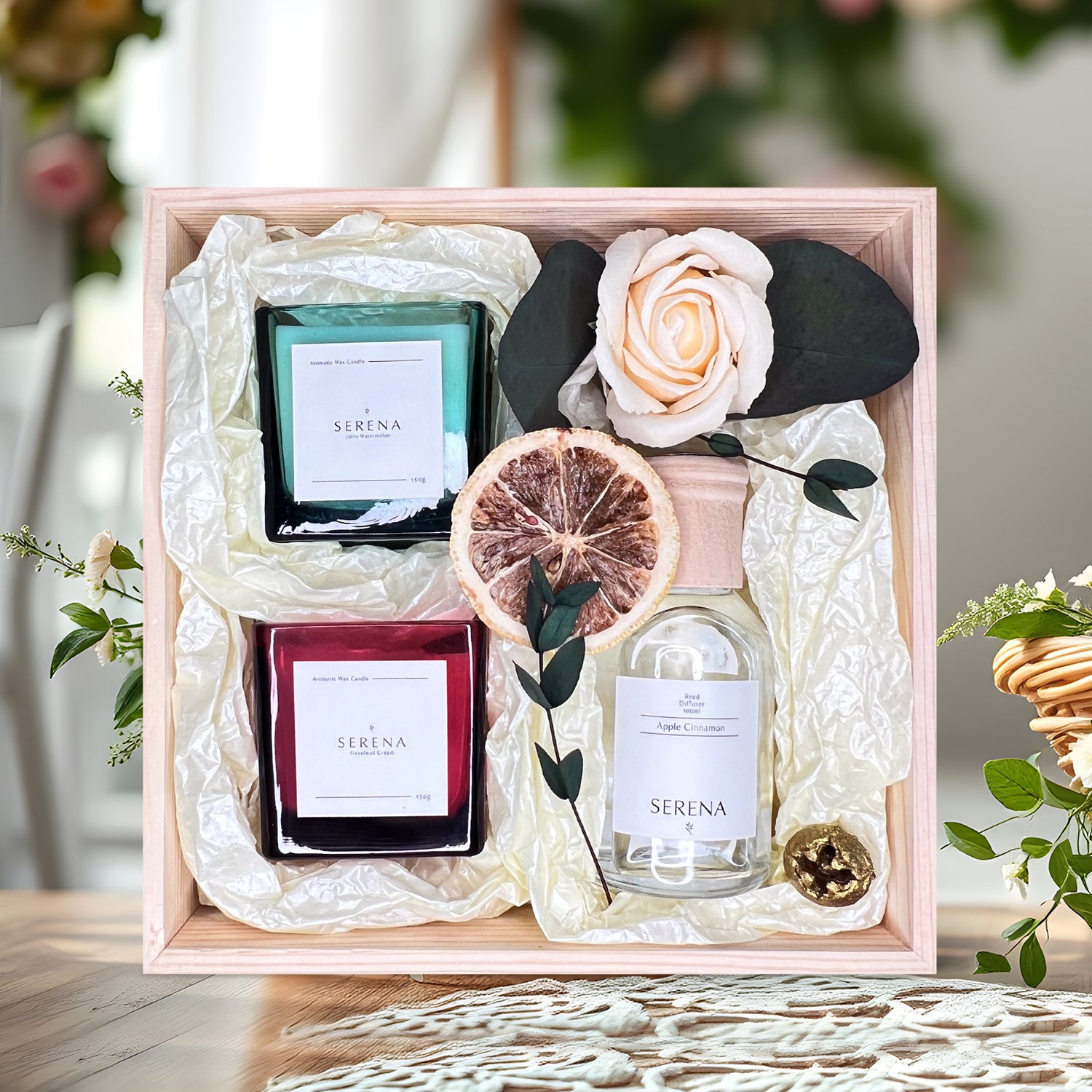 Home Decor Gift Set with Jar Candle, Reed Diffuser &amp; Elegant Dried Flowers