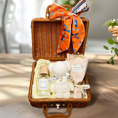 Beautiful Suitcase Gift Basket with Reed Diffuser, Soap Flower &amp; Soft Teddy Towel