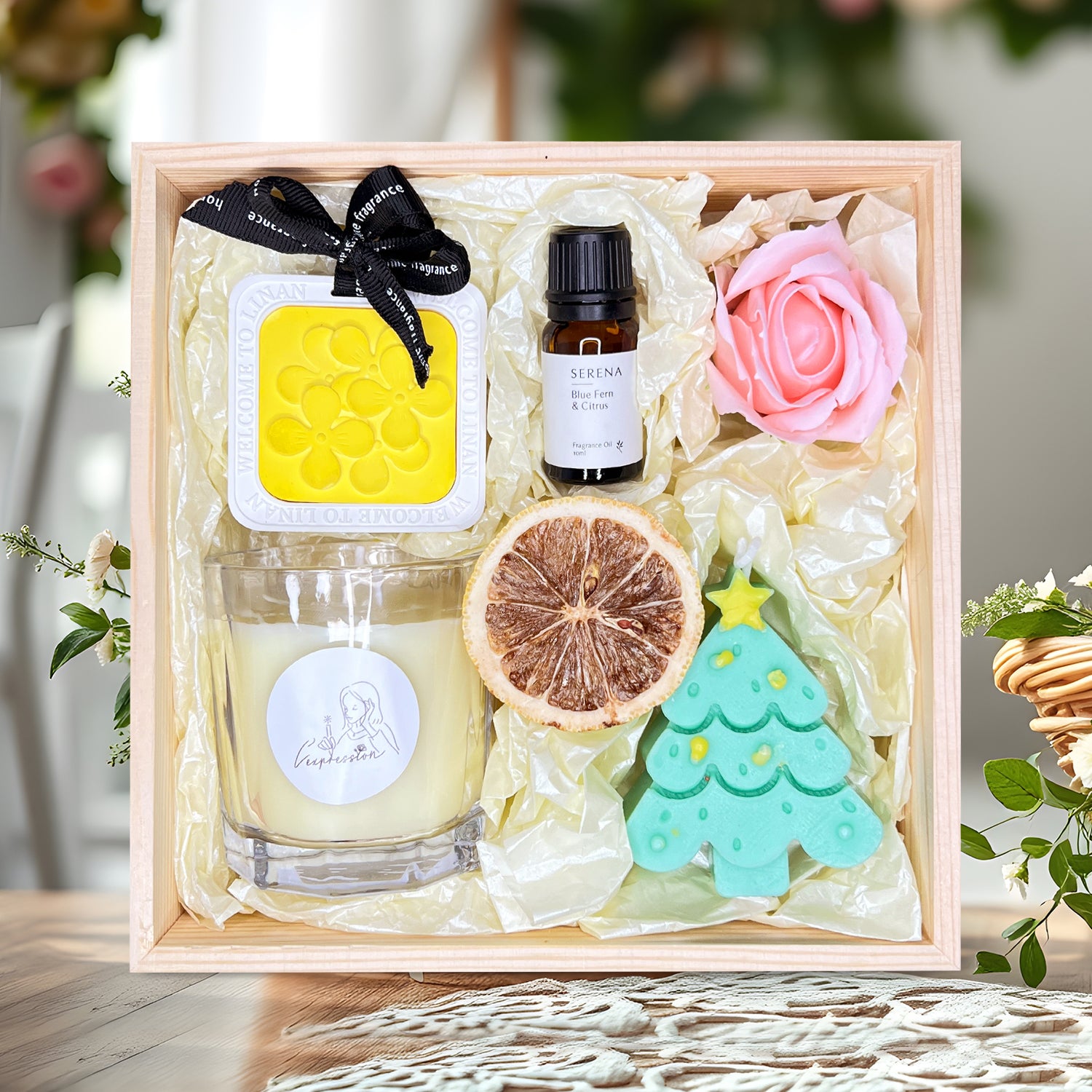 Premium Holiday Gift Basket with Christmas Tree Candle, Soap Flower &amp; Aromatherapy Fragrance Oil