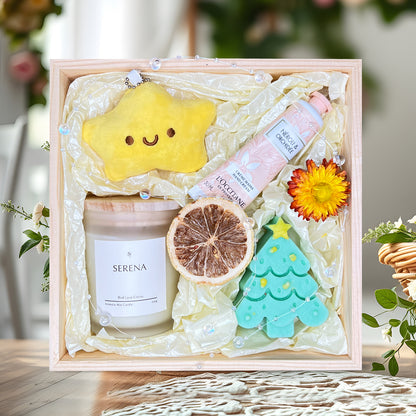 Cozy Christmas Gift Basket: Jar Candle, Plush Toy &amp; Hand Cream