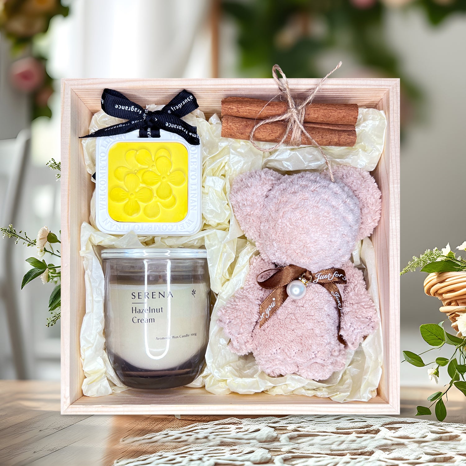 Thoughtful Gift Basket with Jar Candle, Cute Teddy Towel, Ornament &amp; Floral Decorations