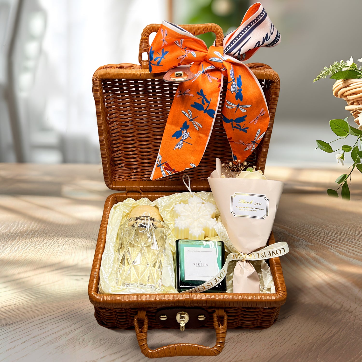 Luxury Suitcase Gift Basket with Jar Candle, Crystal Reed Diffuser, Soap Flowers &amp; Snowflake Candle