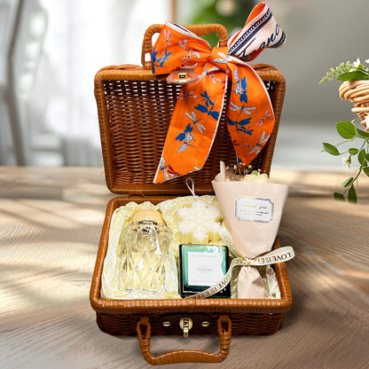 Luxury Suitcase Gift Basket with Jar Candle, Crystal Reed Diffuser, Soap Flowers &amp; Snowflake Candle