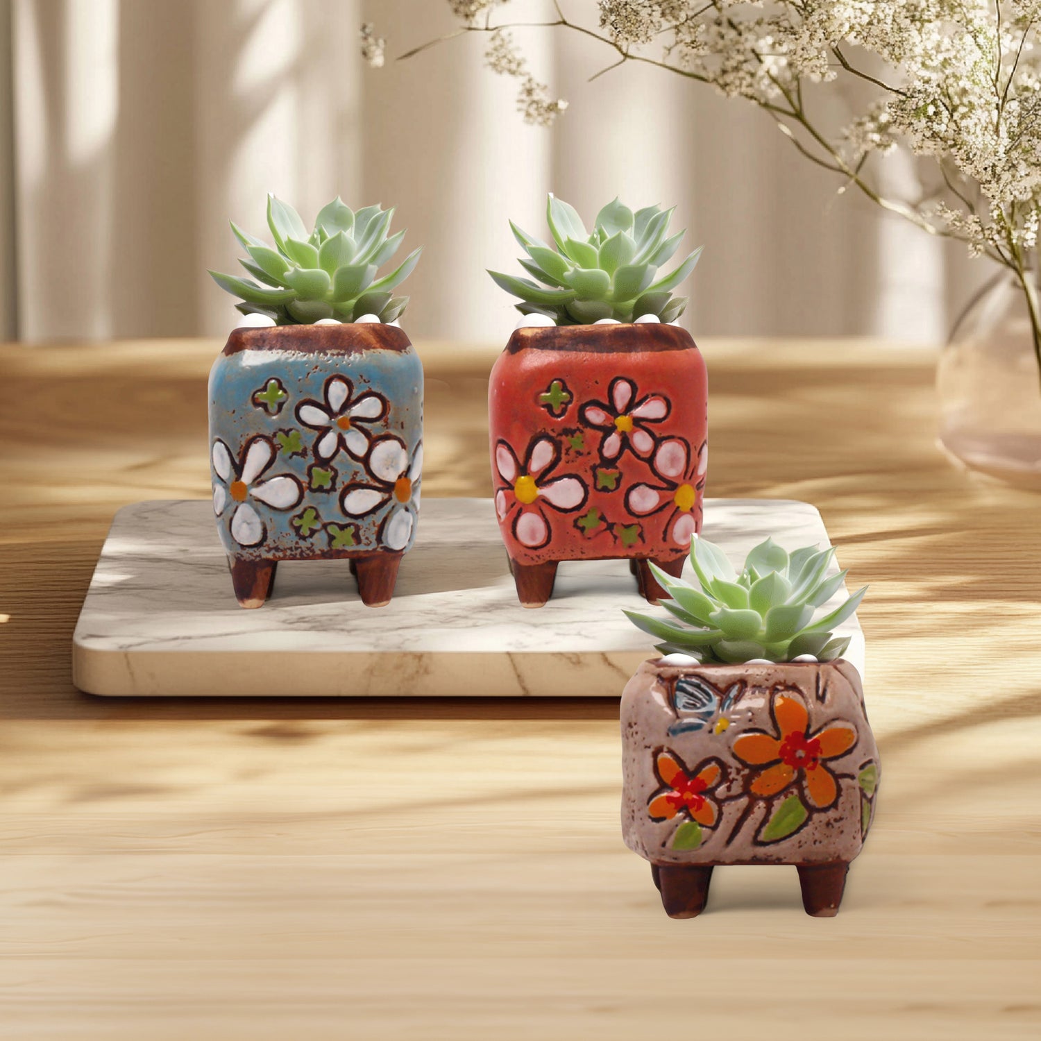 Floral Plant Pot, Hand Painted Planter Pots, Square Clay Plant Pots
