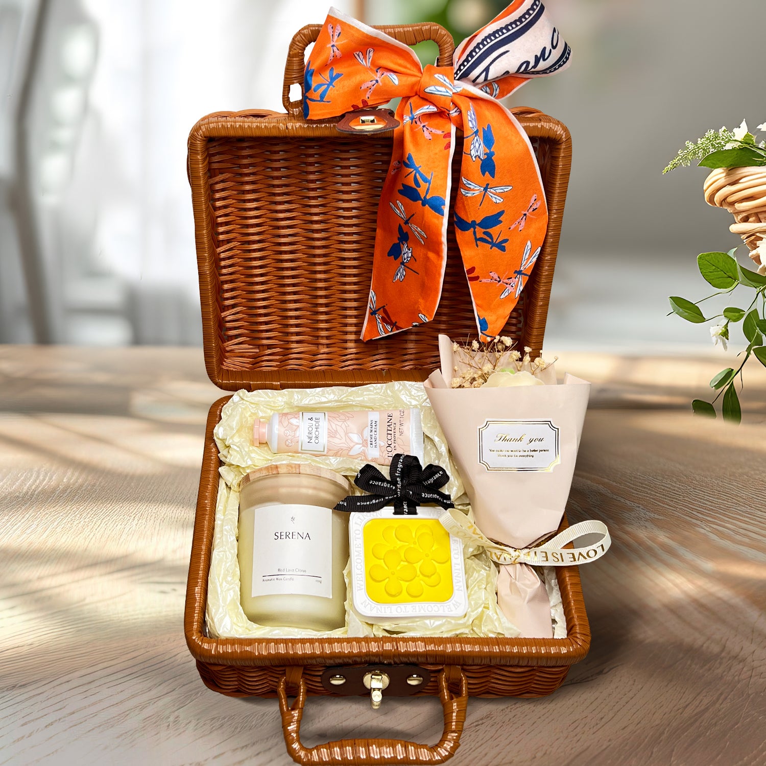 Chic Suitcase Gift Basket with Jar Candle, Flower Petal Ornament &amp; Luxurious Hand Cream