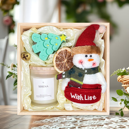 Festive Christmas Gift Basket with Jar Candle, Tree Candle &amp; Snowman Stuffed Toy