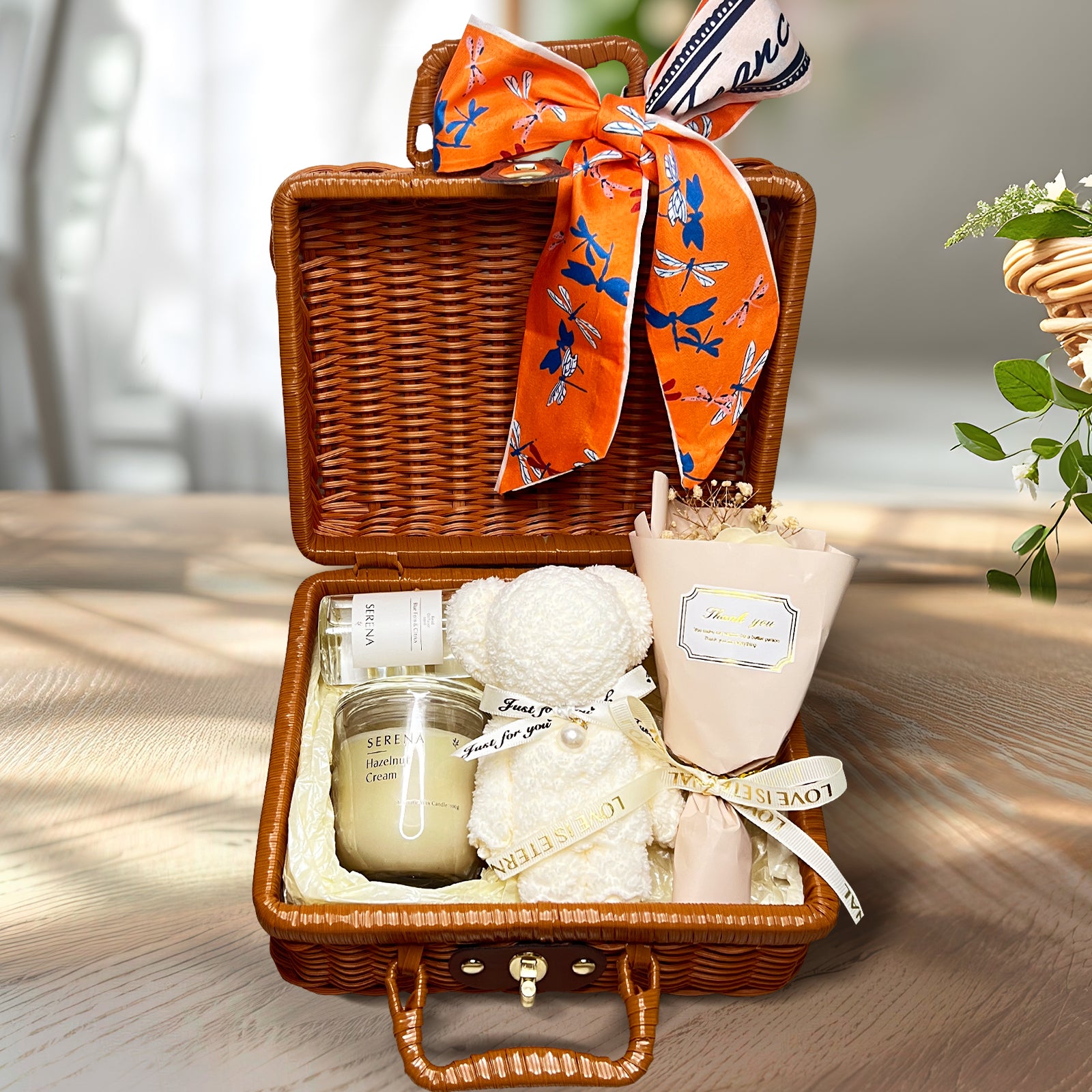 All-in-One Suitcase Gift Basket with Jar Candle, Teddy Bear Towel &amp; Floral Soap Keepsakes