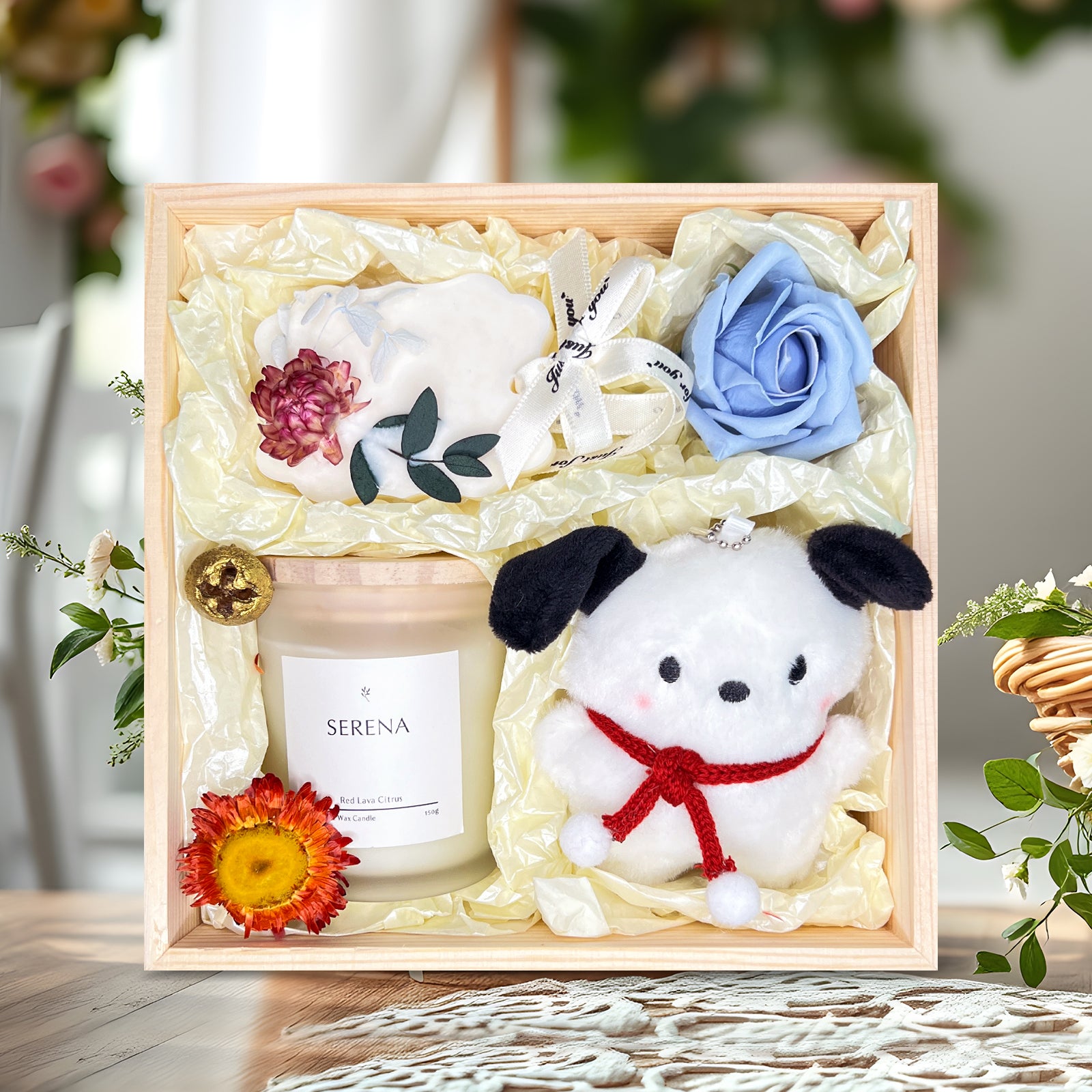 Cozy Gift Basket with Jar Candle, Scented Wax Pendant, Stuffed Animal &amp; Soap Flower Decor