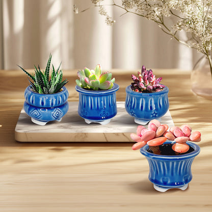 Blue Ceramic Plant Pot, Ice Blue Stamped Indoor Planter Pot