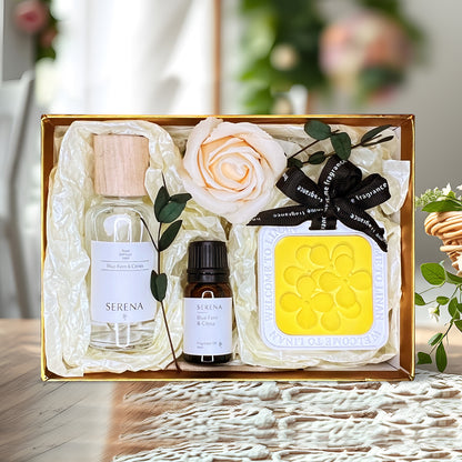 Home Spa Gift Basket with Reed Diffuser, Fragrance Oil, Soap Flower &amp; Floral Decor