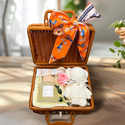Adorable Suitcase Gift Basket with Hand Cream, Pink Rose Soap &amp; Dry Flower Decorations