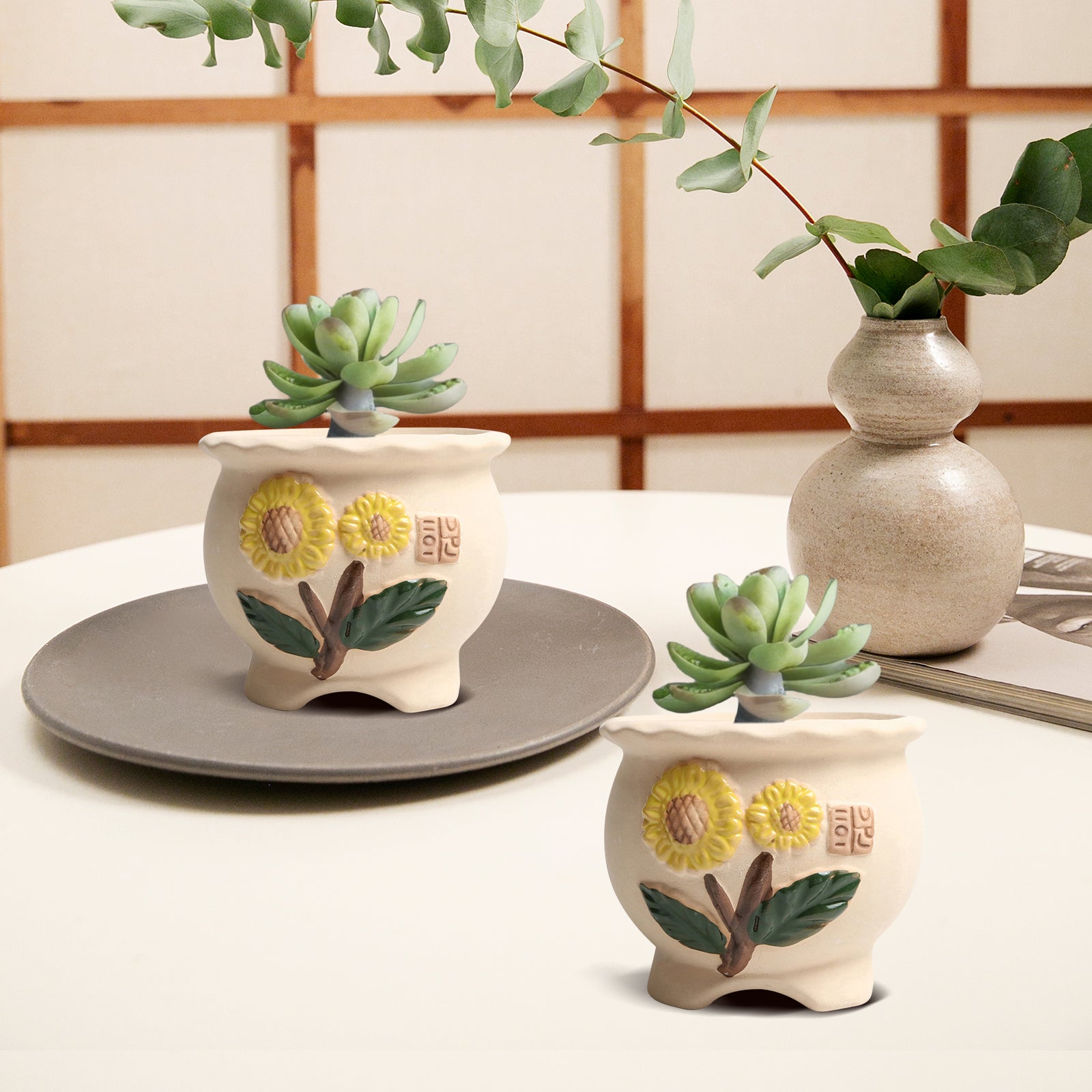 Sunflower Pot Plant, Korean Style Clay Planter Pot, Home Decor